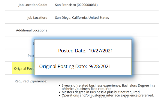 A job posting page with a callout showing the Posted Date and Original Posting Date, and Original Posting highlighted