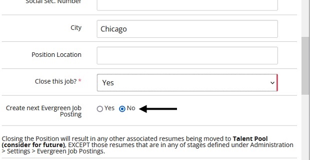 The Close this job form set to Yes, with an arrow pointing to the No option for Create next Evergreen Job Posting