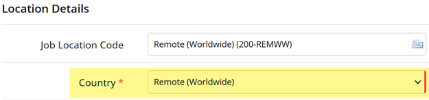 The Location Details section with Job Location Code and Country both set to Remote (Worldwide), Country highlighted