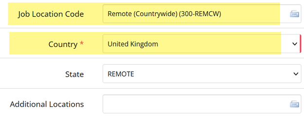 The Location fields with Remote (Countrywide) as the Job Location Code and United Kingdom as the Country, highlighted
