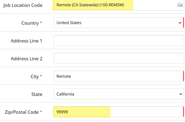 The location fields with the Remote (CA Statewide) Job Location Code and Zip/Postal Code 99999 highlighted