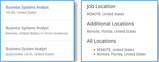 A job list and a job details panel showing remote locations under Job Location, Additional Locations and All Locations