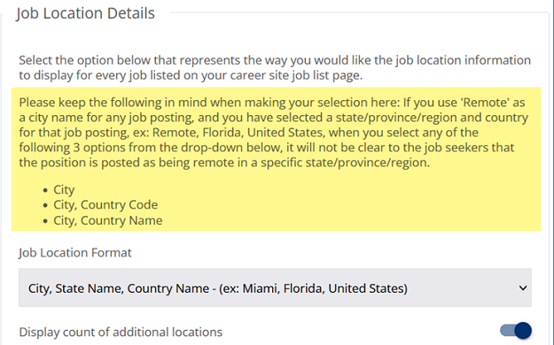 The Job Location Details settings with a highlighted note about using Remote as a city name, above Job Location Format