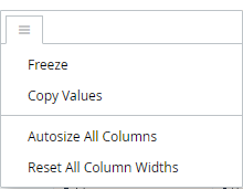 The column actions menu with Freeze, Copy Values, Autosize All Columns and Reset All Column Widths
