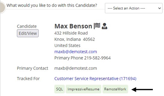 A candidate profile header with an arrow pointing to the tags SQL, ImpressiveResume and RemoteWork