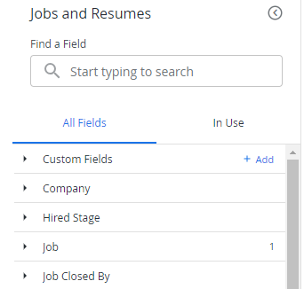 The Jobs and Resumes field list with a Find a Field search box and All Fields and In Use tabs