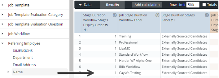 The Explore field list and Results table, with an arrow from the Name field under Referring Employee to the table