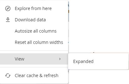 A tile actions menu with options such as Explore from here and Download data, and the View submenu showing Expanded