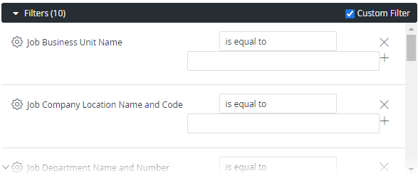 The Explore Filters (10) panel with Custom Filter checked and filters such as Job Business Unit Name