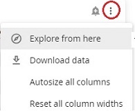 A tile menu with Explore from here, Download data, Autosize all columns and Reset all column widths options