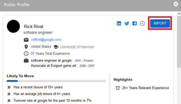 A passive candidate's public profile with the Import button outlined in red