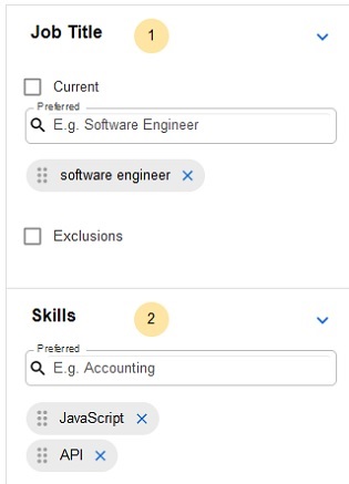 The Filters panel with Job Title and Skills sections, numbered 1 and 2, each with preferred terms entered