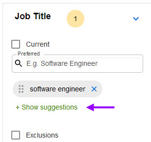 The Job Title filter with an arrow pointing to the Show suggestions link below the preferred term