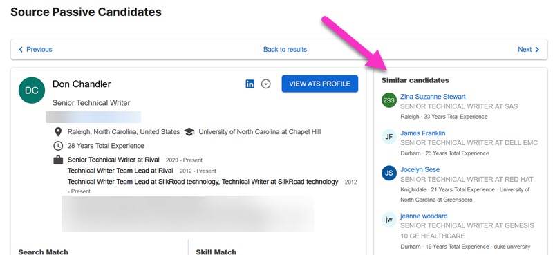 The Source Passive Candidates page with an arrow pointing to the Similar candidates list on the right