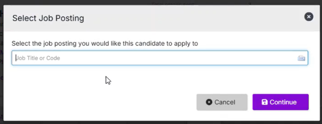 The Select Job Posting dialog with a Job Title or Code field and Cancel and Continue buttons