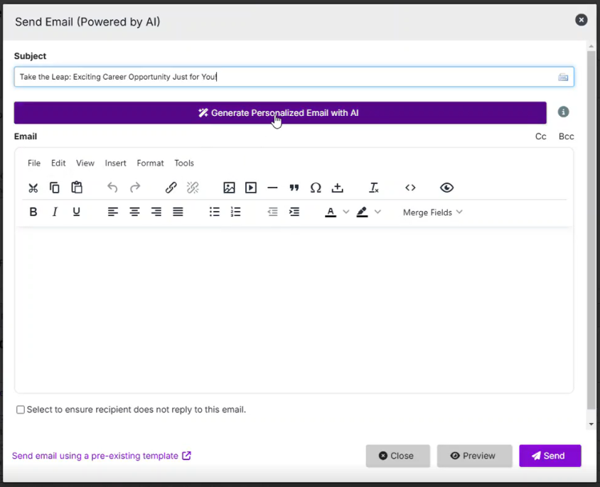 The Send Email (Powered by AI) dialog with a Subject field, a Generate Personalized Email with AI button and an editor