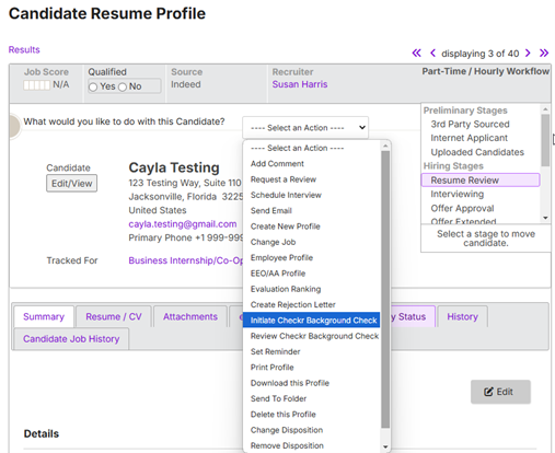 The Select an Action drop-down on a candidate profile with Initiate Checkr Background Check highlighted