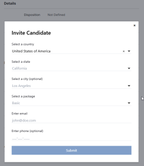 The Invite Candidate pop-up with country, state, city, package, email and phone fields and a Submit button