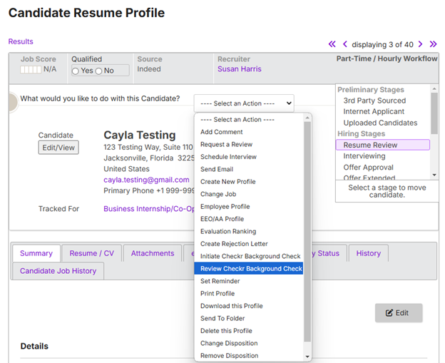 The Candidate Resume Profile page with the Select an Action menu open and Review Checkr Background Check highlighted
