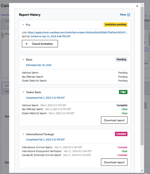 The Report History pop-up listing Checkr background check packages with status labels and Download report buttons