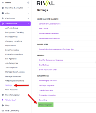 The Administration menu and Settings page, with arrows pointing to Settings and the highlighted Checkr Integration link