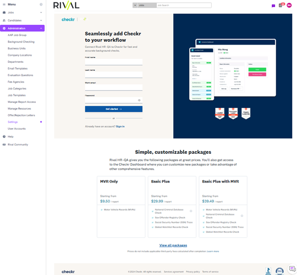 The Checkr sign-up page in Recruit with an account form and a list of background check packages