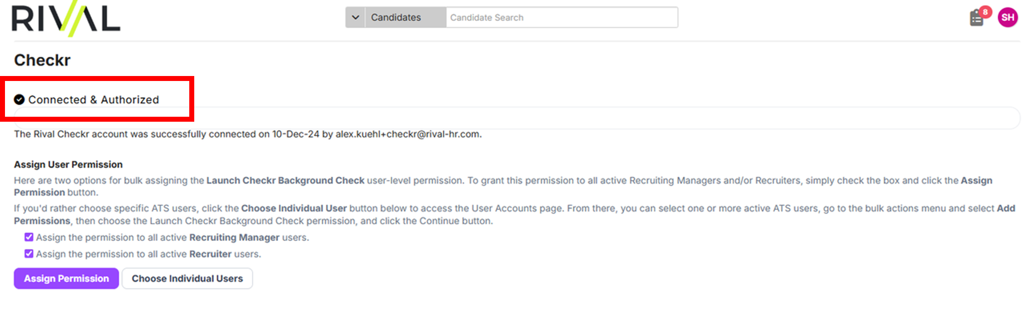 The Checkr page with the Connected & Authorized status highlighted and options to assign the Launch Checkr permission