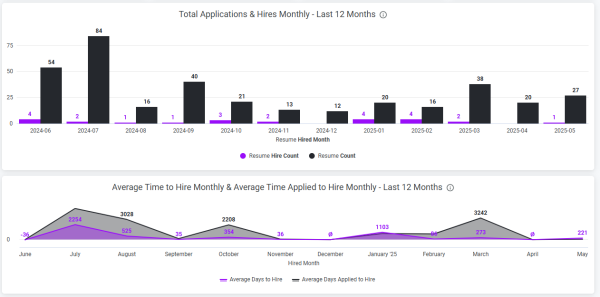 Two Hiring Insights charts: monthly applications and hires, and monthly average time to hire, for the last 12 months