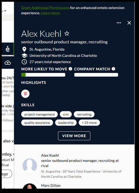 The Chrome extension panel showing a candidate's location, experience, highlights and skills, with a View More button