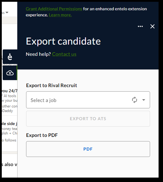 The Chrome extension Export candidate panel with a Select a job menu, an Export to ATS button and a PDF button