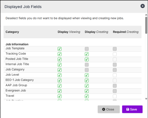 The Displayed Job Fields dialog with Display Viewing, Display Creating and Required Creating checkboxes per job field