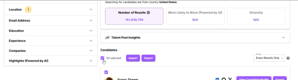 Source with ROSI search results with 20 candidates selected and the Import and Export buttons shown