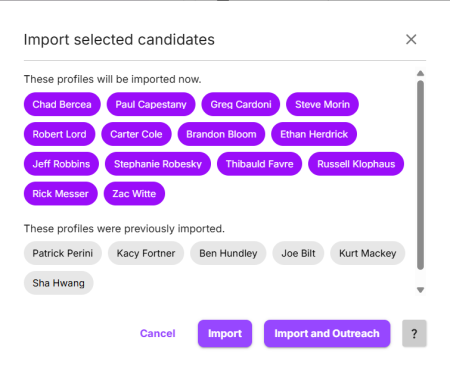 The Import selected candidates dialog with Cancel, Import and Import and Outreach buttons