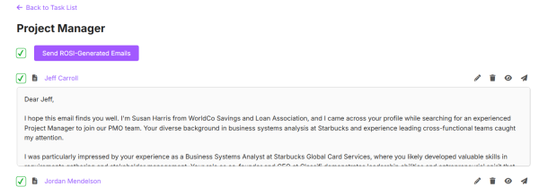 A job's ROSI-generated email drafts with a Send ROSI-Generated Emails button and action icons on each draft