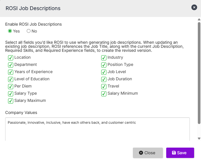 ROSI Job Description settings