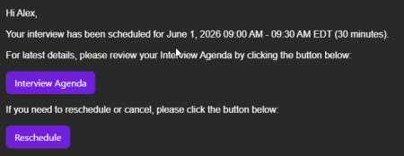 Candidate confirmation email with interview details and Reschedule or Cancel link