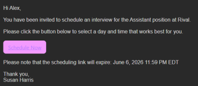 Candidate scheduling email with Schedule your interview button