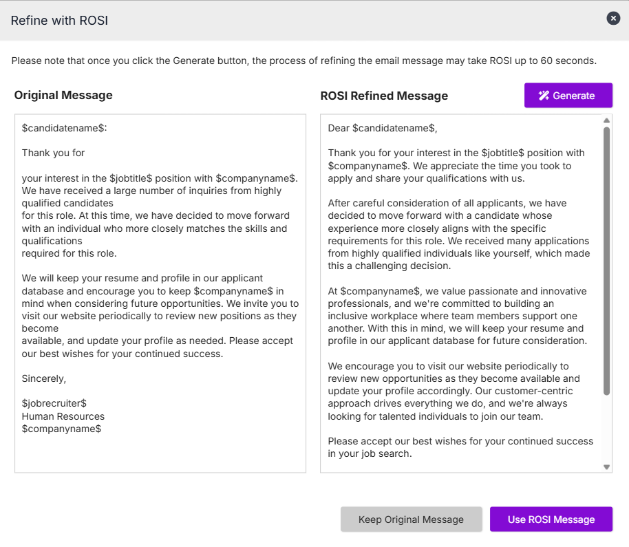The Refine with ROSI dialog with the original and ROSI refined messages, and Keep Original and Use ROSI buttons