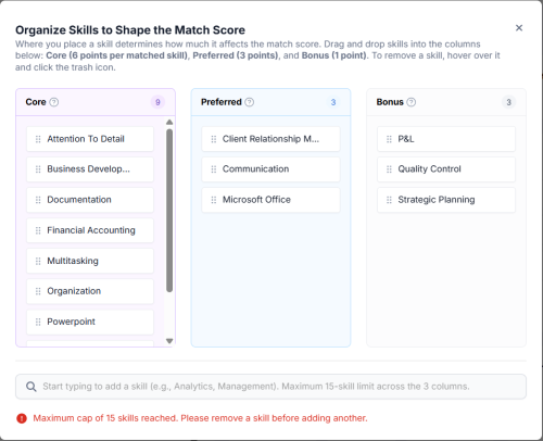 Organize Skills to Shape the Match Score modal showing Core, Preferred, and Bonus columns with drag-and-drop skills. Search bar at bottom with 15-skill maximum cap warning.