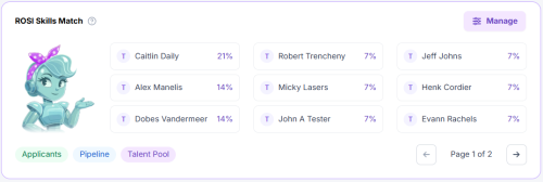 ROSI Skills Match results grid showing 9 candidate cards with match percentages, ROSI character, Manage button, and source filter tabs.