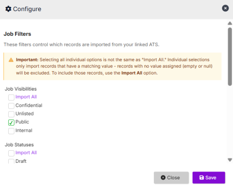 Job Filters configuration modal showing Job Visibilities and Job Statuses filter options with Import All checkboxes.