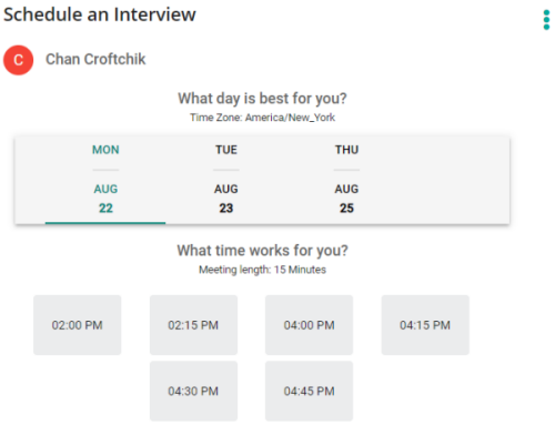The Schedule an Interview page showing available days and time slots for a candidate to choose from