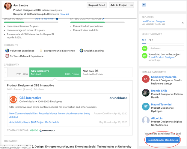 A candidate profile with a red circle around the Search Similar Candidates button at the bottom right