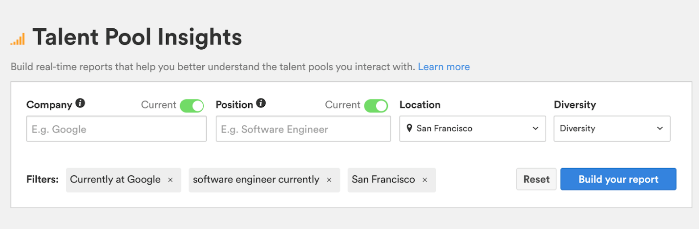 The Talent Pool Insights filters with both Current toggles on and Google, software engineer and San Francisco filters