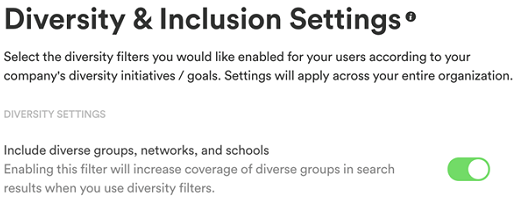 The Diversity & Inclusion Settings page with the Include diverse groups, networks, and schools toggle on