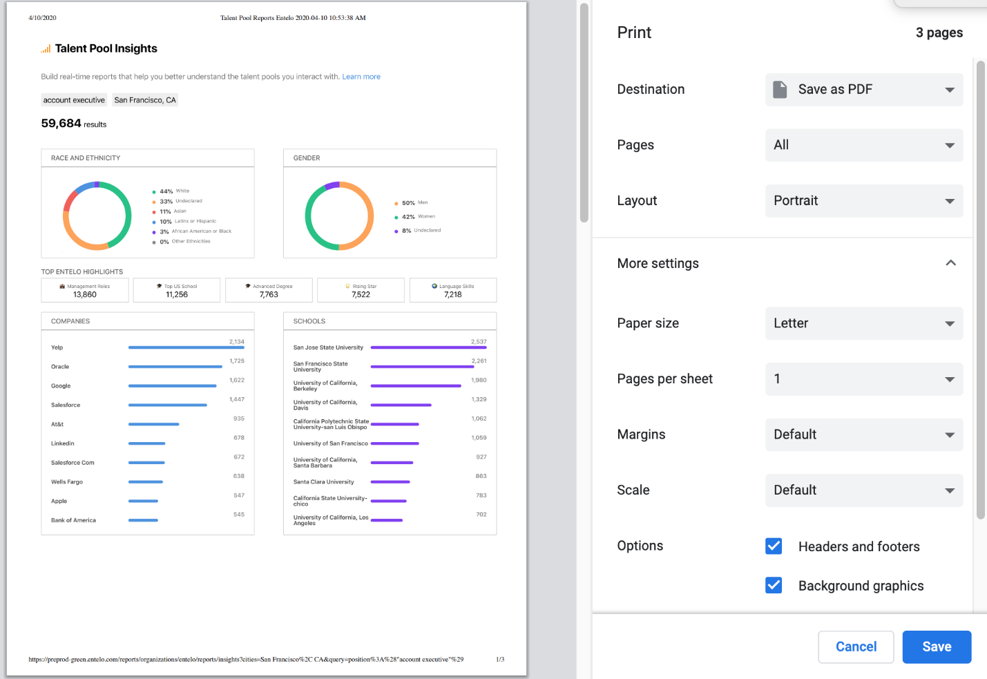 The Chrome print dialog with Save as PDF selected, beside a preview of the Talent Pool Insights report