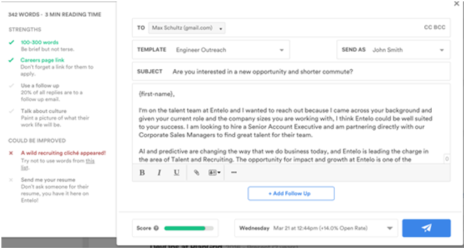 The email composer with a message score panel listing strengths and improvements, and a Score bar at the bottom