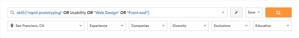 The search bar with a skills query, and filter menus for location, Experience, Companies, Diversity and Education