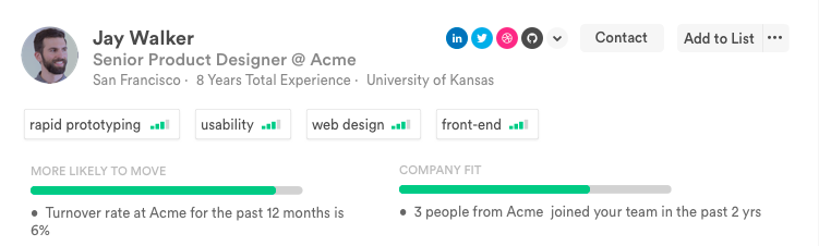 A candidate profile with skill tags, a More Likely to Move bar and a Company Fit bar