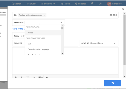 The email compose window with the Template menu open, listing your templates and your team's templates